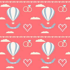 wedding seamless romantic decorative pattern background with cartoon hot air balloons, rings and hearts isolated on bright pink