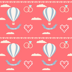 wedding seamless romantic decorative pattern background with cartoon hot air balloons, rings and hearts isolated on bright pink