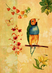 Vintage collage with watercolor drawings of bird, butterfly and flowers