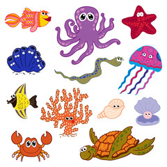 Set of marine life. Ocean fauna, underwater.