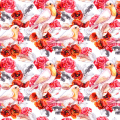 Seamless floral pattern with poppy, rose and birds. Watercolour