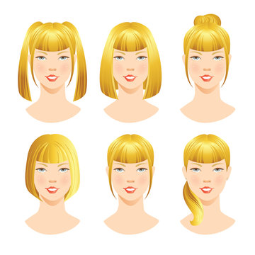 illustrations of beautiful young girls with various hair styles. Different hairstyles with bangs. 