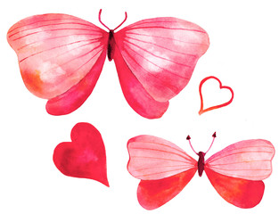 Set of watercolor pink butterflies and hearts on white background