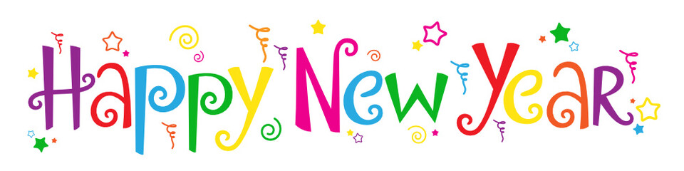 HAPPY NEW YEAR in festive handdrawn font with stars, spirals and streamers