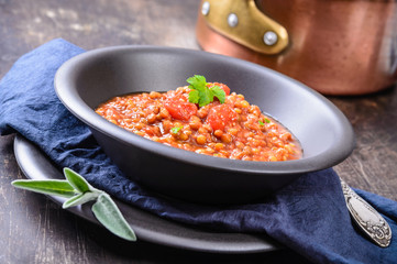 Lentils soup in bowl.