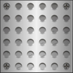 Design elements - metal plate with holes on the screws. The grooves holes for the screws. Vector  3D illustrations.