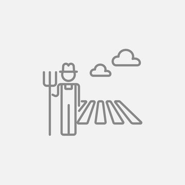 Farmer With Pitchfork Line Icon.