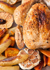  small turkey and vegetables,from above and blank space. christmas dinner or Thanksgiving Day concept