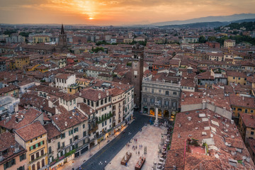 Aerial view over Verona, Italy, at sunset