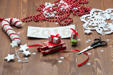 New Year's gifts, wooden table,