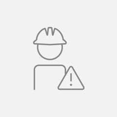 Worker with caution sign line icon.