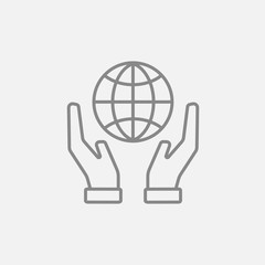 Two hands holding globe line icon.