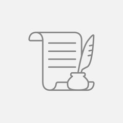 Paper scroll with feather pen line icon.