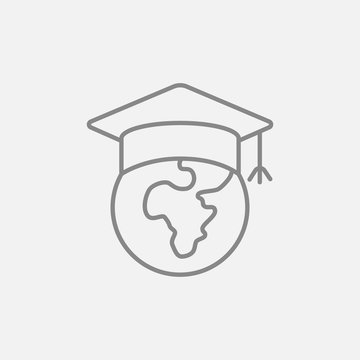 Globe in graduation cap line icon.