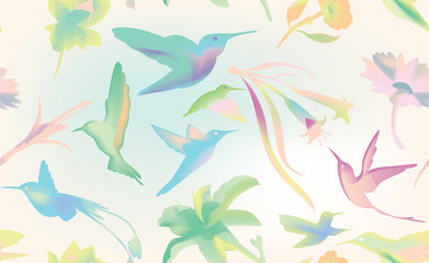 Fototapeta na wymiar Colibri and flowers vector seamless, humming bird texture background, pastels
