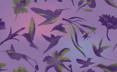 Colibri and flowers vector seamless, humming bird texture background, dark evening