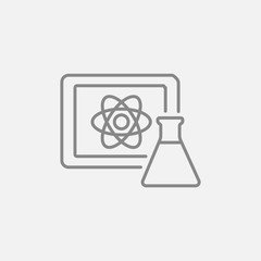 Atom sign drawn on board and flask line icon.