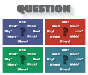 Question marks and words - who, how, when, which, why, whose, where, what.