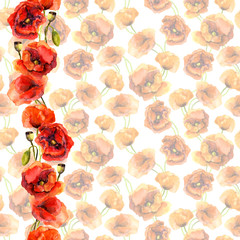 Seamless pastel floral background with bright border. Red poppy flowers. Watercolour painted art 