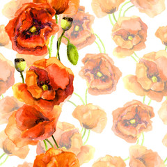 Seamless floral swatch - pastel background with bright red edging stripe. Poppy flowers design. Watercolour painted drawing 