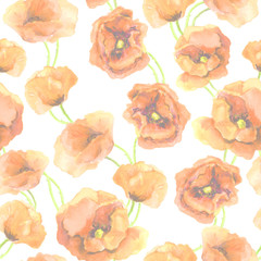 Seamless floral backdrop with pastel poppy flowers. Watercolor hand painted art 