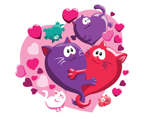 Vector pattern with cats and hearts, st. Valentine's day group, red and pink