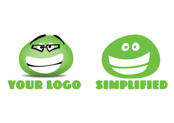 Funny face logotype, doodle with glasses, green vector smiley