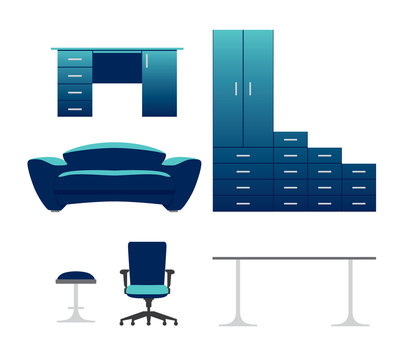 Furniture vector set with cupboard, stool, couch, table and chair, blue