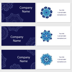 Set of six business cards. Vintage pattern in retro style with mandala. Hand drawn Islam, Arabic, Indian, lace pattern