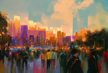 Papier Peint photo Grand échec beautiful painting of people in a city park at sunset