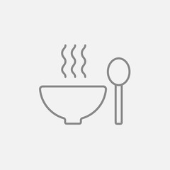 Bowl of hot soup with spoon line icon.