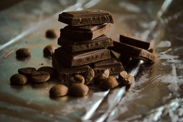 Chocolate pieces and coffee beans