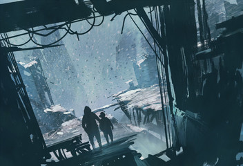 Obraz premium man and boy standing looking out at ruined city with snow storm,illustration painting