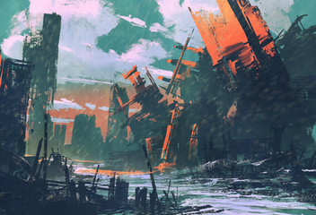 disaster city,apocalyptic scenery,illustration painting
