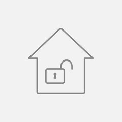 House with open lock line icon.