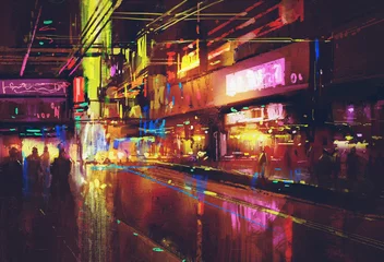 Fototapeten city street with illumination and night life,digital painting © grandfailure