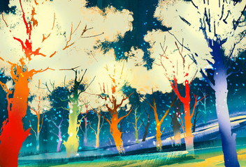 fantasy forest with colorful trees,landscape digital painting