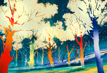 Obraz premium fantasy forest with colorful trees,landscape digital painting