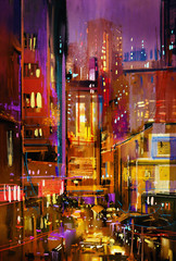 painting of city night scene with colorful lights