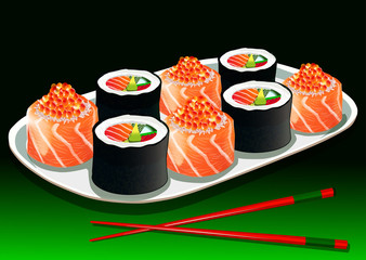 Sushi set with chopsticks on a white porcelain plate, vector illustration