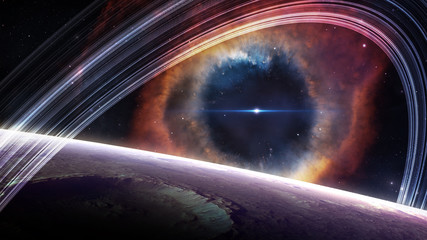 Planet over The Helix Nebula in space. Elements of this image furnished by NASA