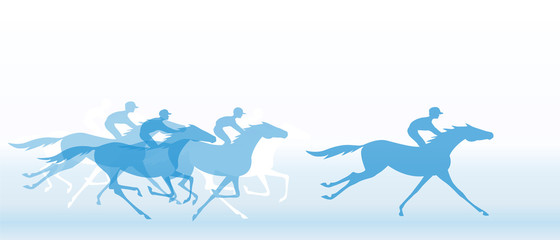 Blue banner with horse racing. Galloping horseback riders. Horseracing winner, vector.