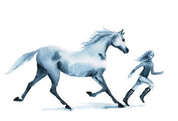 Naklejka na ściany i meble Watercolor horse and girl running on the field. Beautiful hand drawing illustration on white.