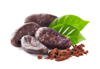 Cacao beans with leaves