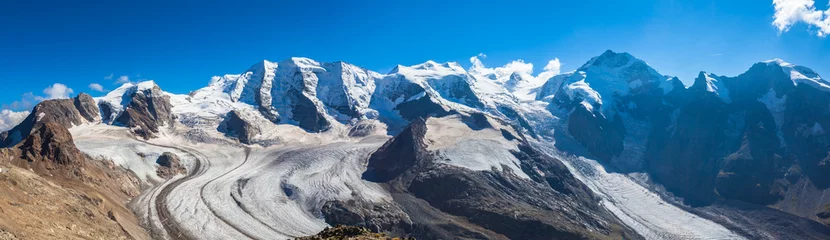 Crédence de cuisine en verre imprimé Glaciers Vue panoramique du massif de la Bernina et du glacier Morteratsch