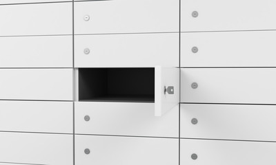 White safe deposit boxes in a bank, one box is open. A concept of storing of important documents or valuables in a safe and secure environment. 3D rendering.