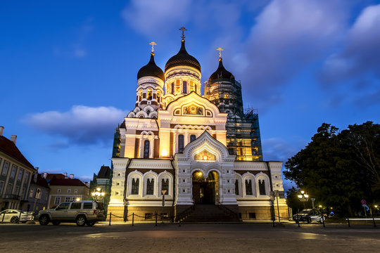 View of Alexander Nevsky Cathedral in Tallinn in the evening lig