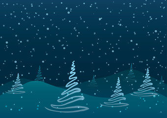 Christmas. Abstract trees against a blue background of falling snow.