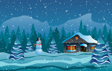 Fototapeta premium Christmas. The house in snow, trees and snowman.