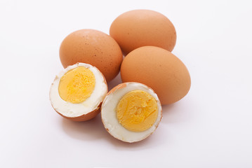 Shell boiled egg on white background